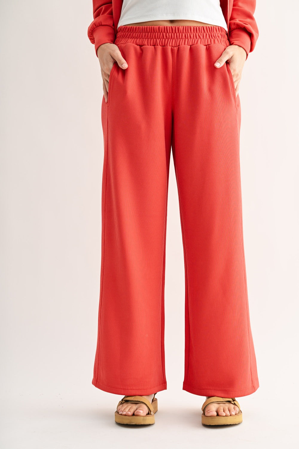 The Blushed Brick Ribbed Lounge Set | Cropped Sweatshirt & Wide Leg Pants Set