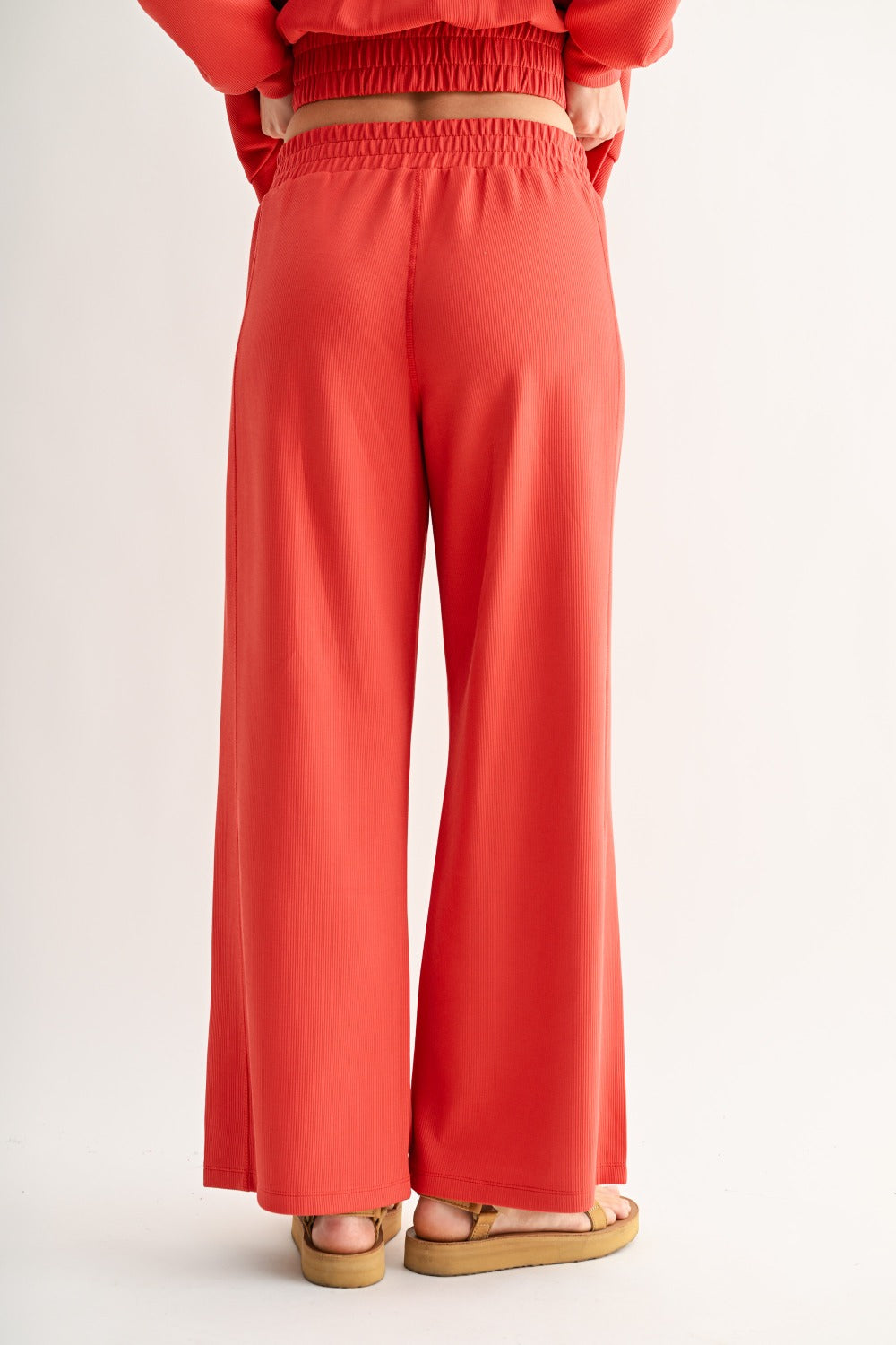 The Blushed Brick Ribbed Lounge Set | Cropped Sweatshirt & Wide Leg Pants Set