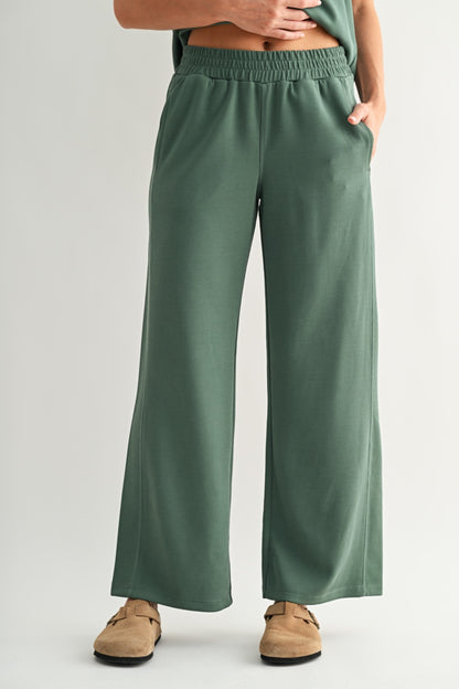 The Elder Green Ribbed Lounge Set | Cropped Sweatshirt & Wide Leg Pants Set