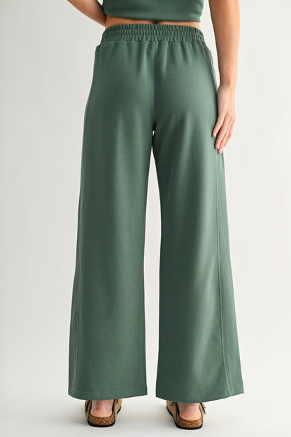 The Elder Green Ribbed Lounge Set | Cropped Sweatshirt & Wide Leg Pants Set