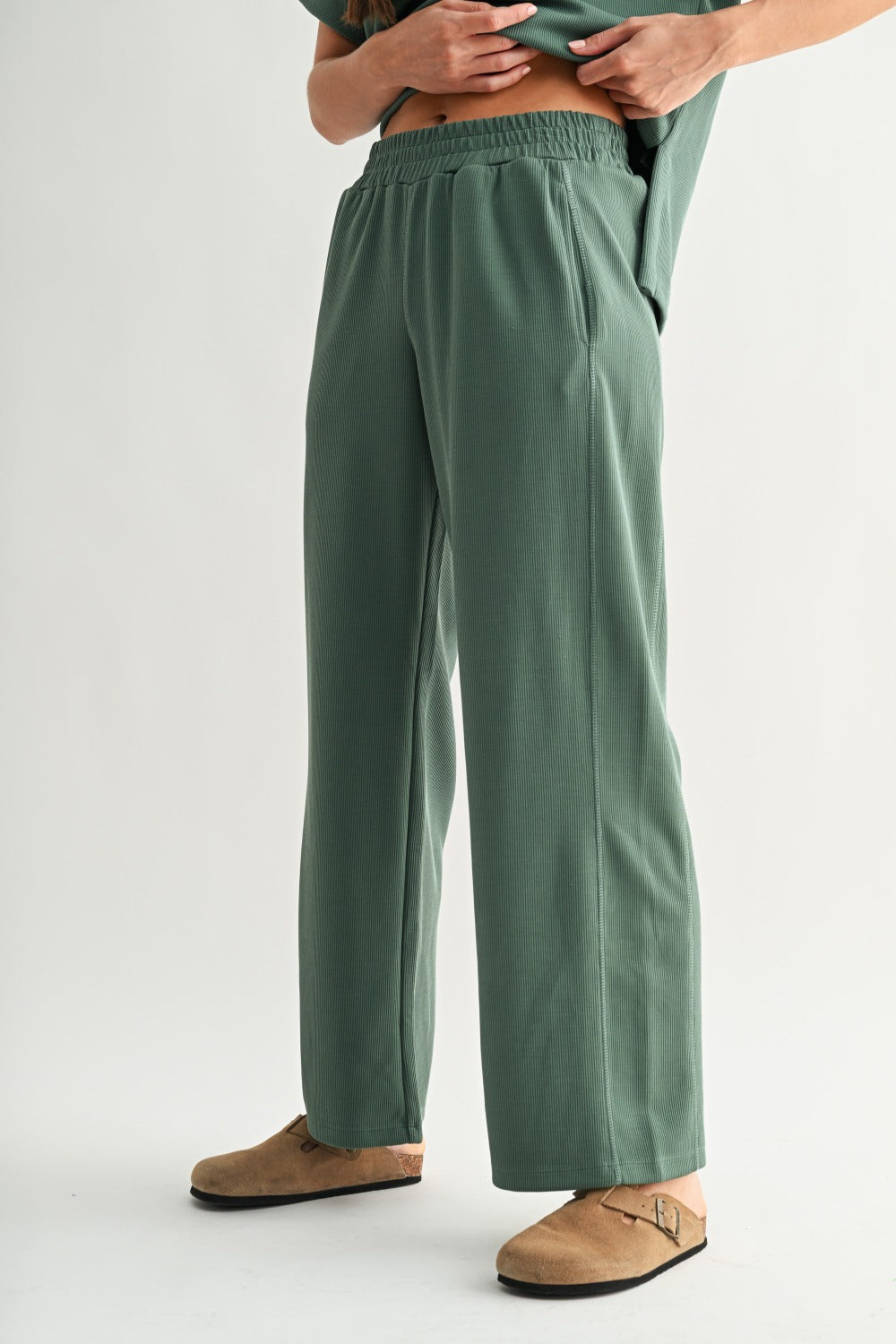 The Elder Green Ribbed Lounge Set | Cropped Sweatshirt & Wide Leg Pants Set