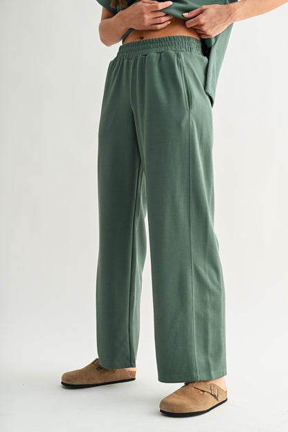 The Elder Green Ribbed Lounge Set | Cropped Sweatshirt & Wide Leg Pants Set