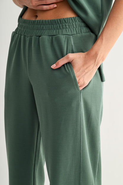 The Elder Green Ribbed Lounge Set | Cropped Sweatshirt & Wide Leg Pants Set