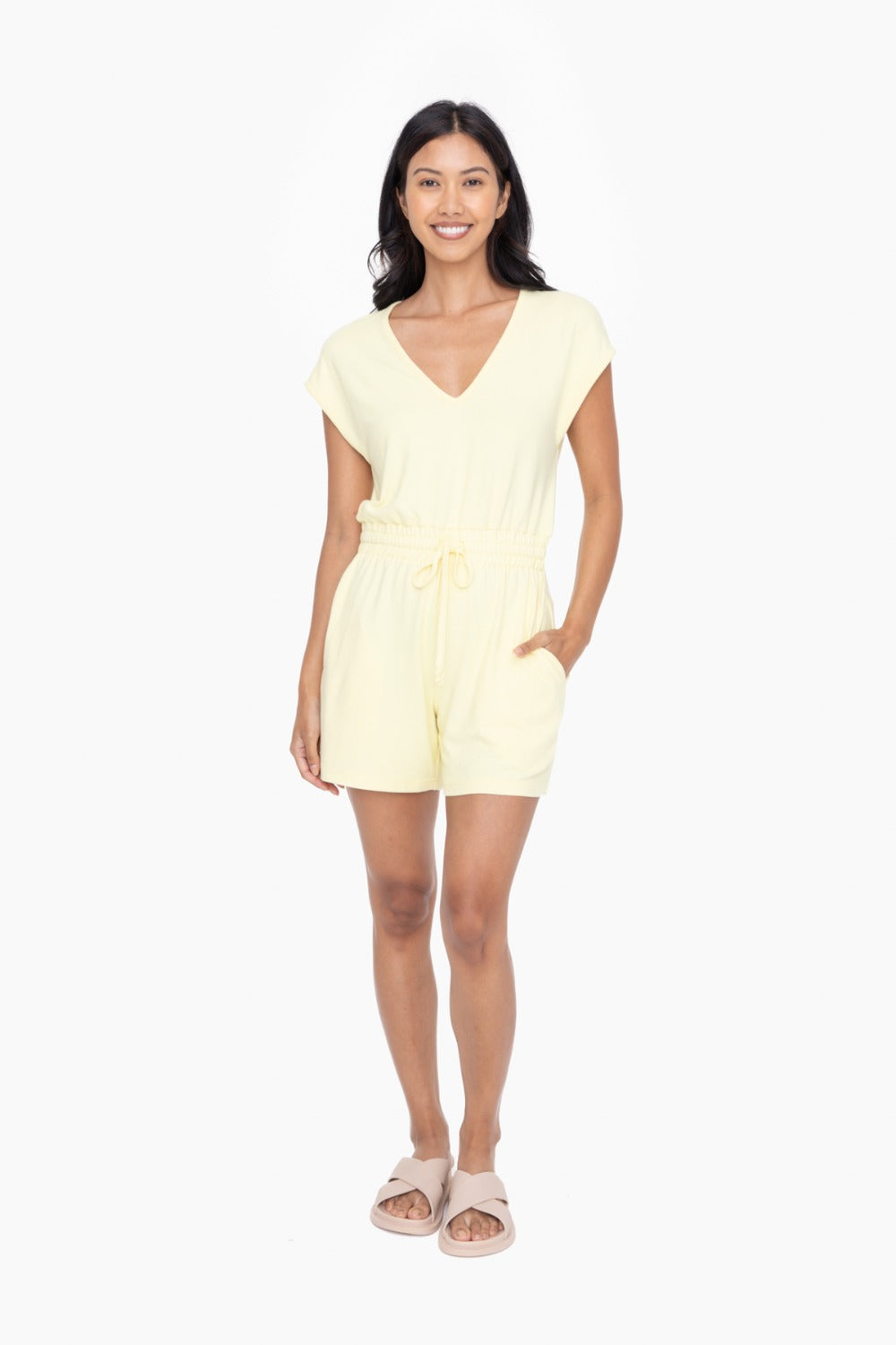 Luna Brushed V-Neck Romper - Yellow