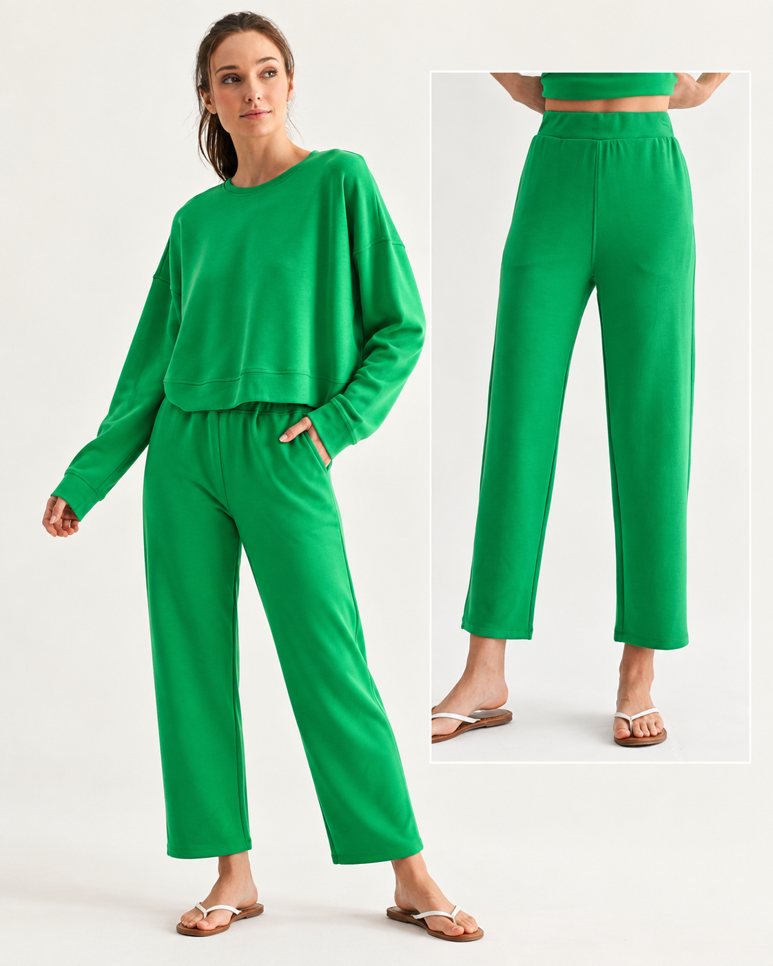 The Green Pop Lounge Set | Modal Cropped Sweatshirt & Ankle Pants Set