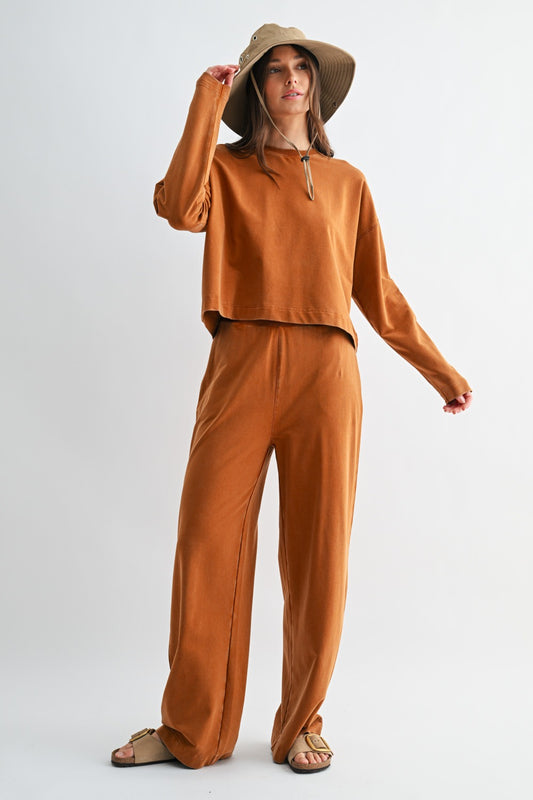 The Almond Escape Lounge Set | Long Sleeve Top & Wide Leg Pants Set