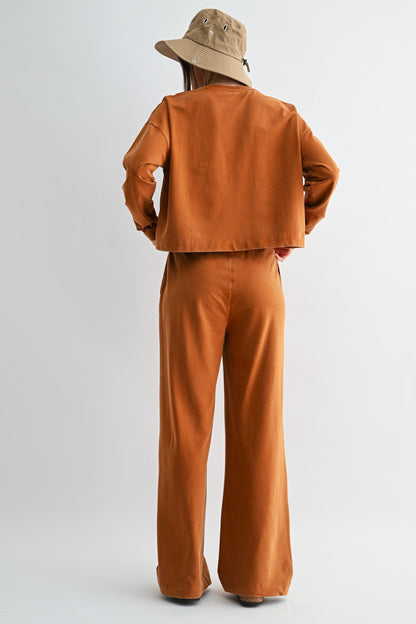 The Almond Escape Lounge Set | Long Sleeve Top & Wide Leg Pants Set