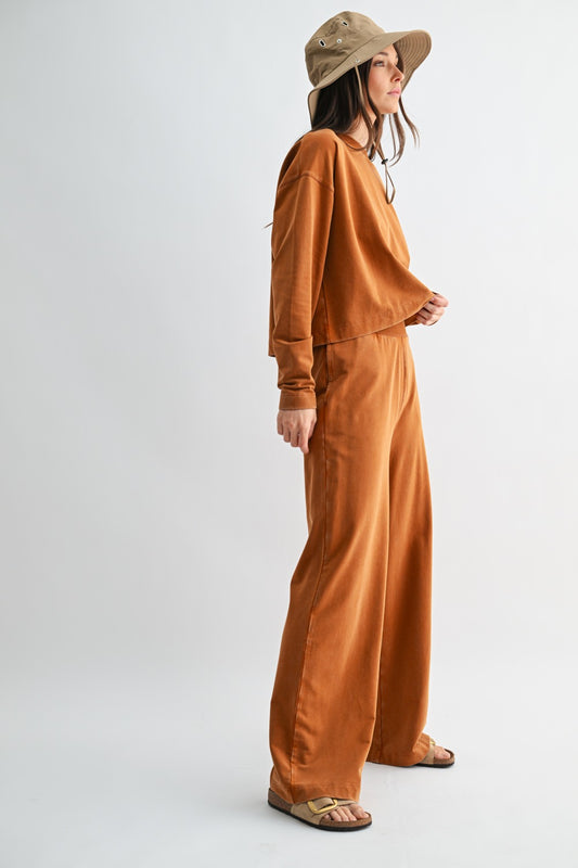 The Almond Escape Lounge Set | Long Sleeve Top & Wide Leg Pants Set