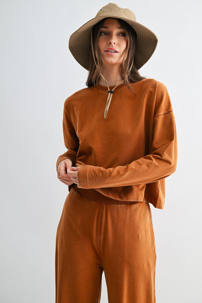 The Almond Escape Lounge Set | Long Sleeve Top & Wide Leg Pants Set