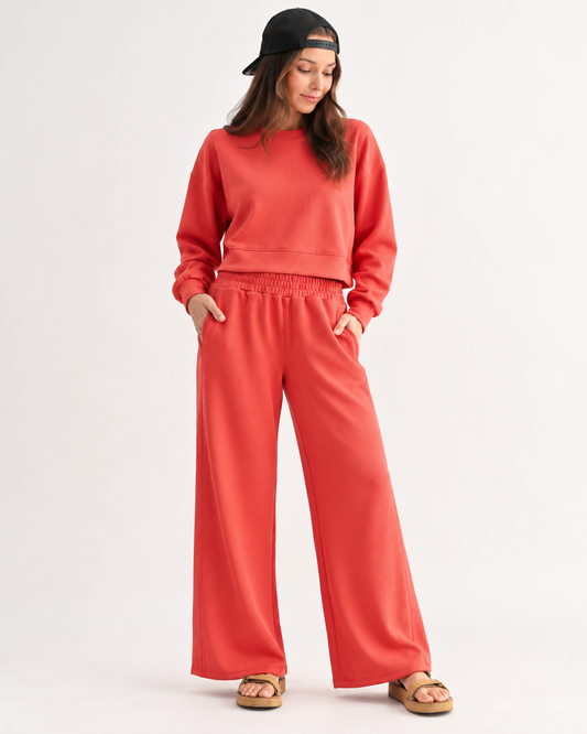 The Blushed Brick Ribbed Lounge Set | Cropped Sweatshirt & Wide Leg Pants Set