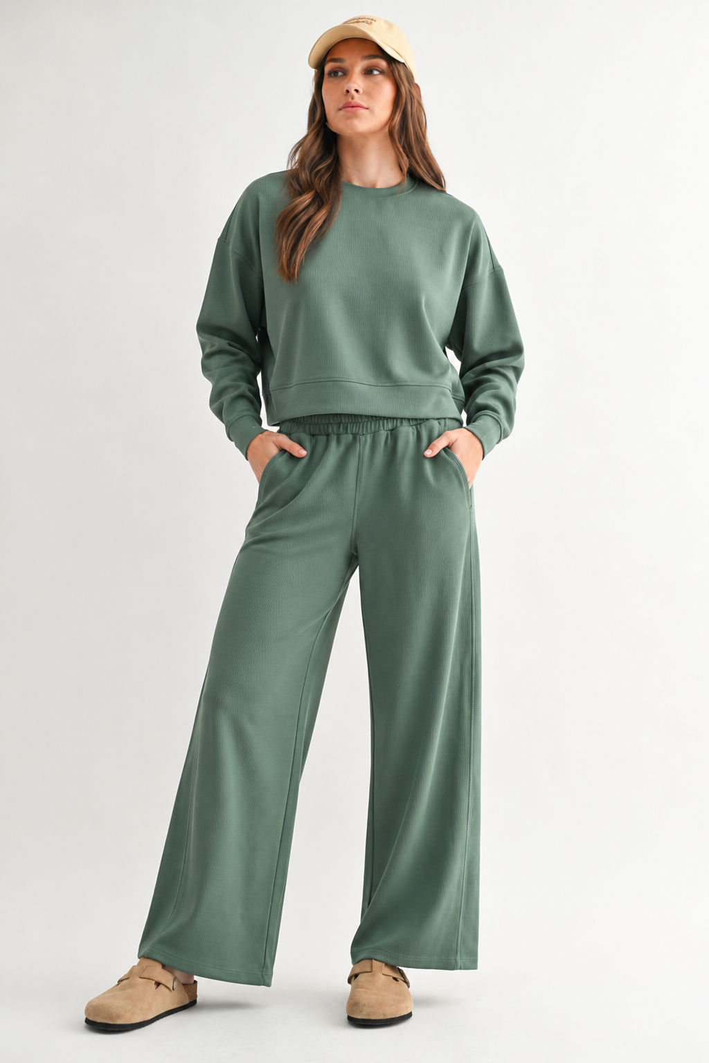 The Elder Green Ribbed Lounge Set | Cropped Sweatshirt & Wide Leg Pants Set
