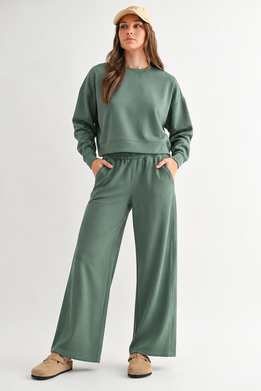 The Elder Green Ribbed Lounge Set | Cropped Sweatshirt & Wide Leg Pants Set
