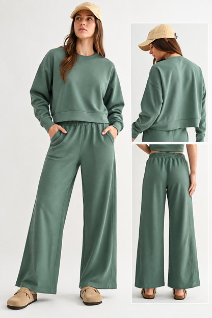 The Elder Green Ribbed Lounge Set | Cropped Sweatshirt & Wide Leg Pants Set