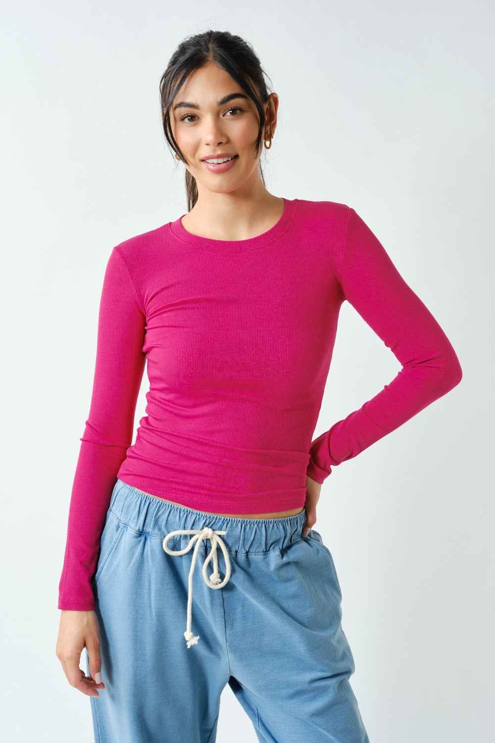 The Second Skin Rib Top | Plum Pink Long Sleeve Micro-Ribbed Top
