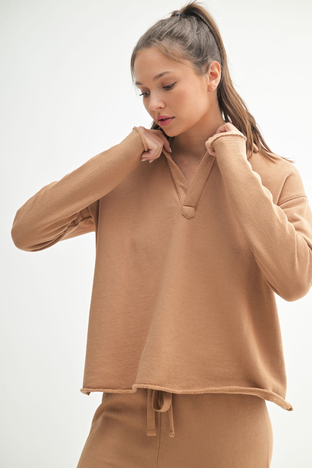 Raw Edge Henley Top - Mocha