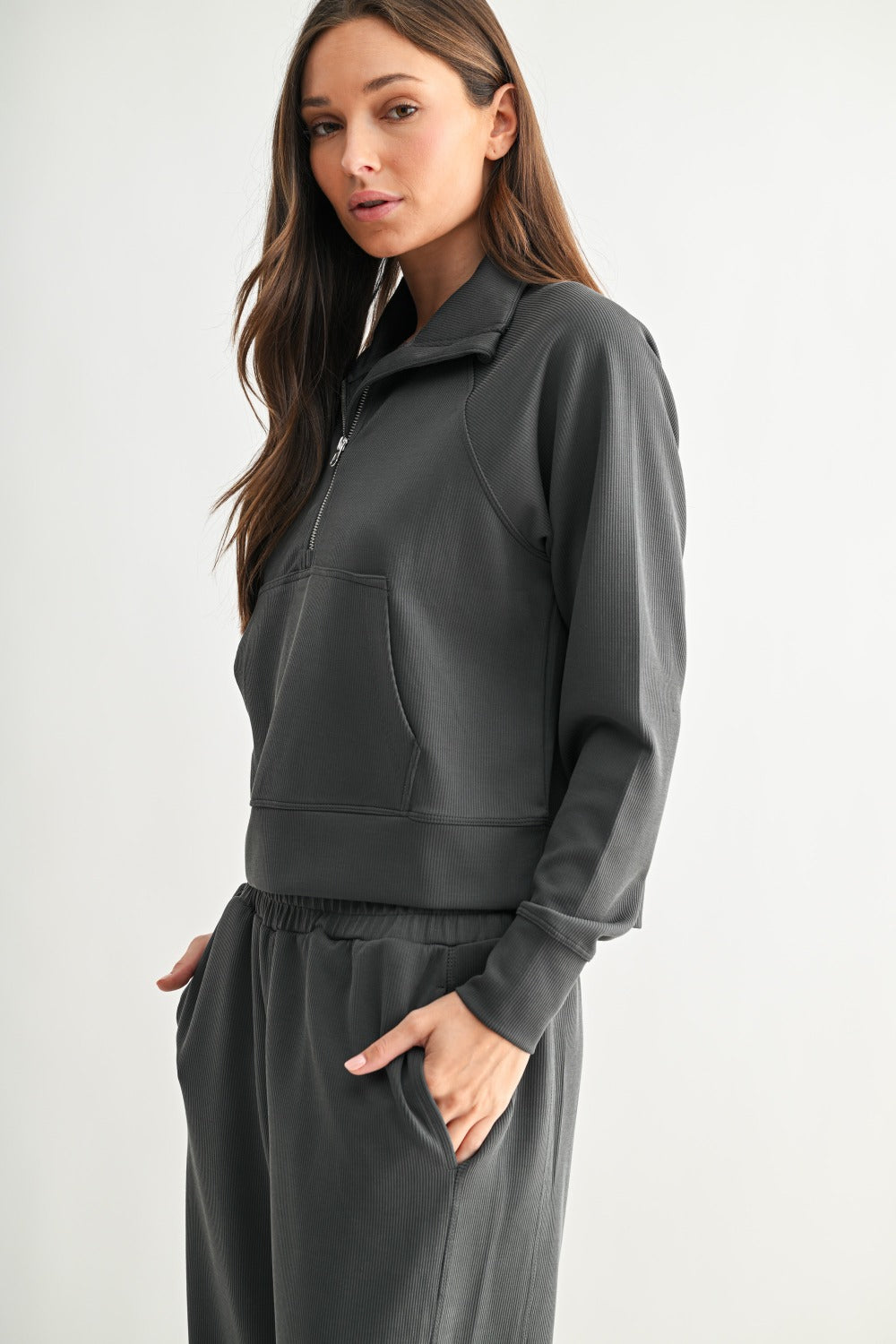 The Ash Grey Ribbed Lounge Set | Half-Zip Pullover & Wide Leg Pants Set