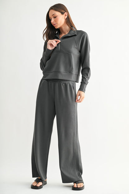 The Ash Grey Ribbed Lounge Set | Half-Zip Pullover & Wide Leg Pants Set