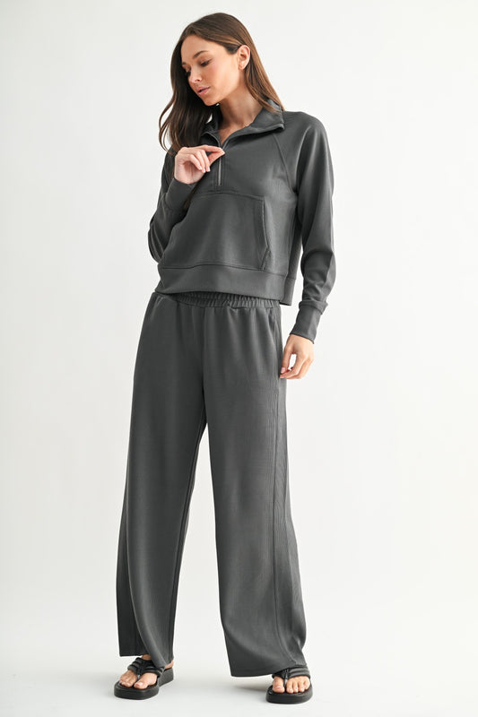 The Ash Grey Ribbed Lounge Set | Half-Zip Pullover & Wide Leg Pants Set