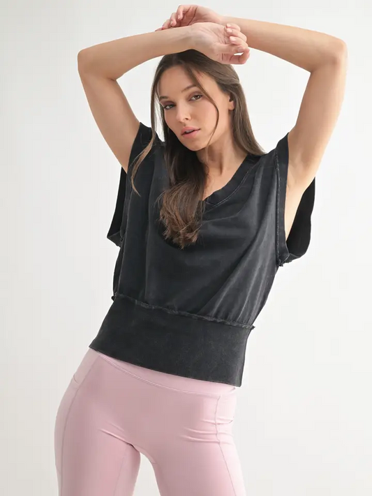 Vintage Stone Wash V-Neck Top - Black