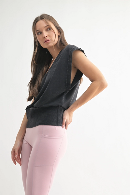 Vintage Stone Wash V-Neck Top - Black