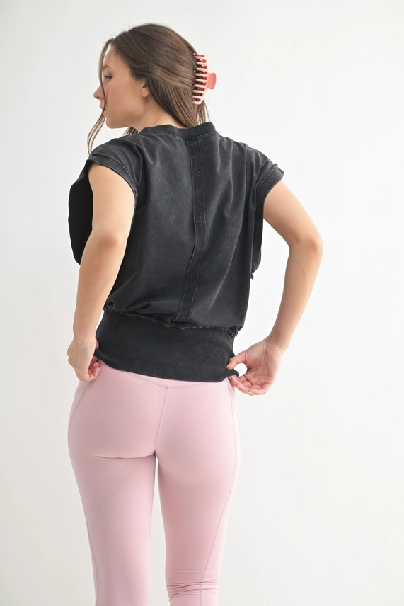 Vintage Stone Wash V-Neck Top - Black