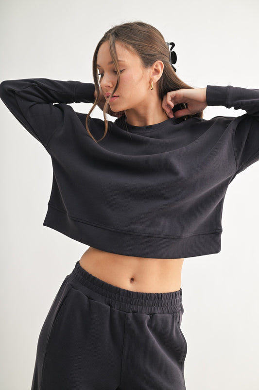 The After Hours Ribbed Lounge Set | Cropped Sweatshirt & Wide Leg Pants Set
