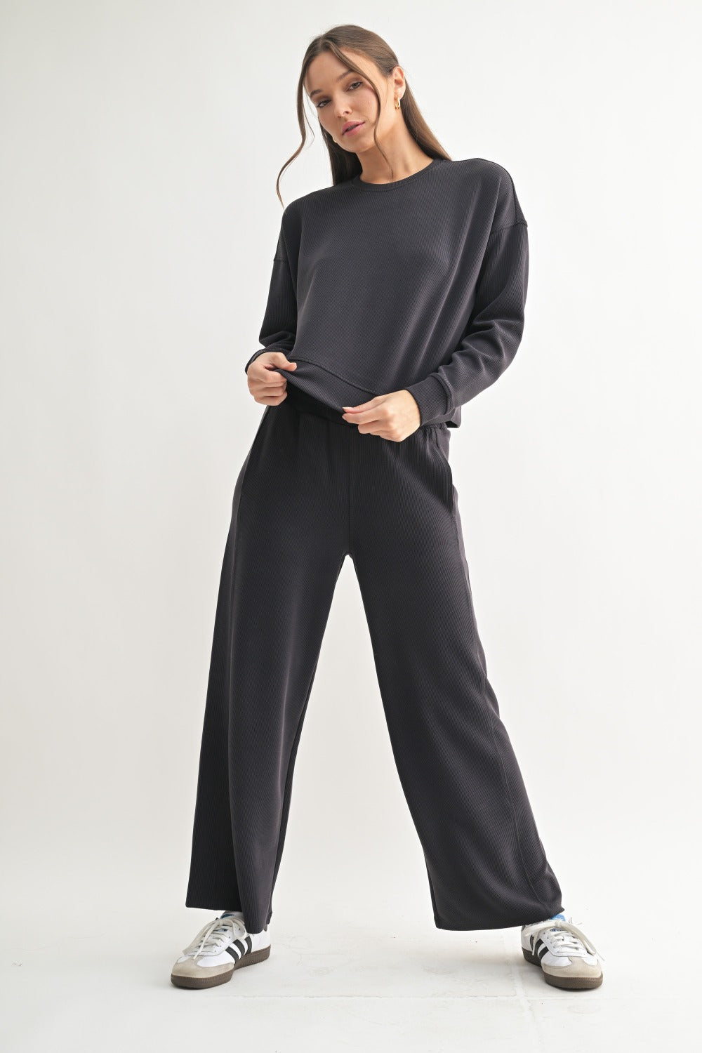 The After Hours Ribbed Lounge Set | Cropped Sweatshirt & Wide Leg Pants Set