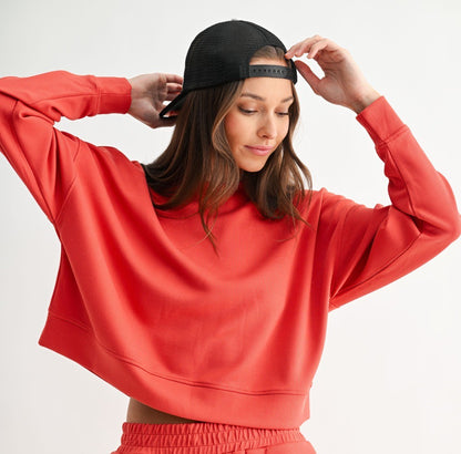 The Blushed Brick Ribbed Lounge Set | Cropped Sweatshirt & Wide Leg Pants Set