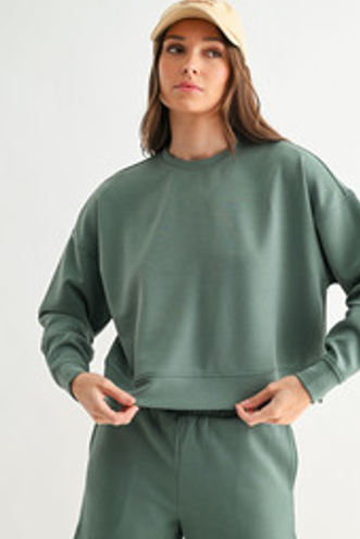The Elder Green Ribbed Lounge Set | Cropped Sweatshirt & Wide Leg Pants Set