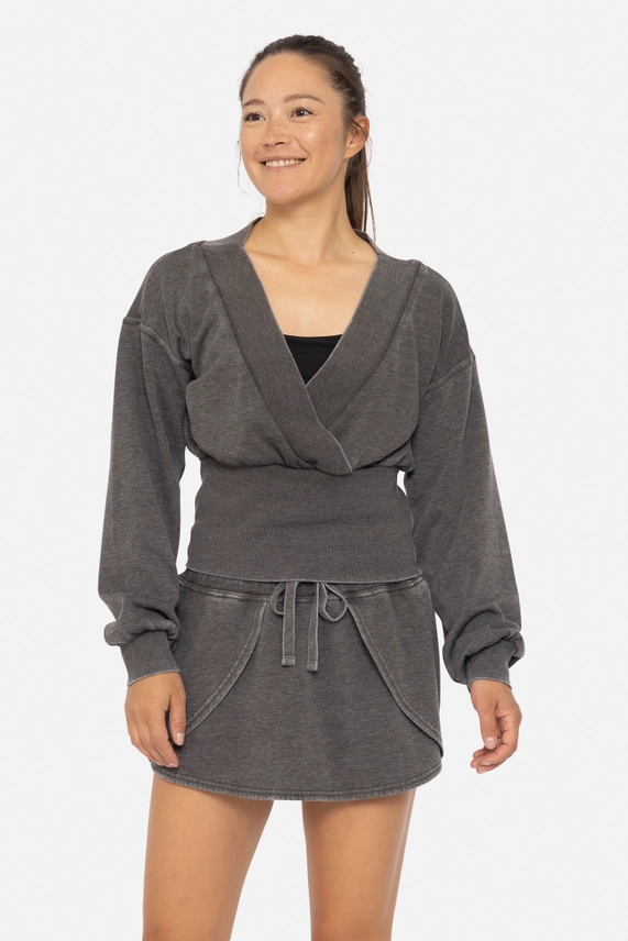 Off Duty Mock Wrap V-Neck Top - Black