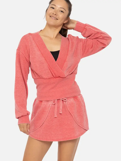 Off Duty Mock Wrap V-Neck Top - Red