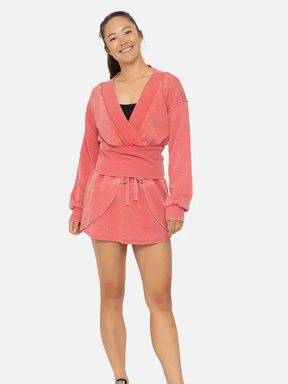 Off Duty Mock Wrap V-Neck Top - Red