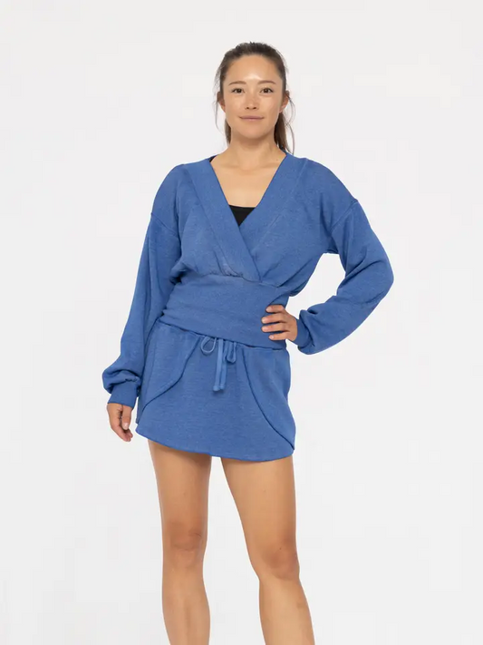 Off Duty Mock Wrap V-Neck Top - Blue