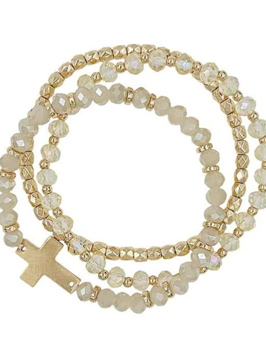 Layered Cross Beaded Bracelets (Champagne/Gold)