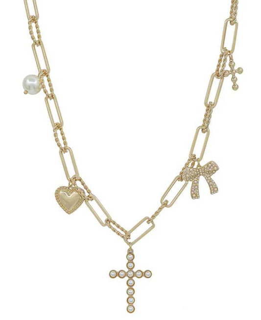 Serenity Pearl Cross Charm Necklace - Gold