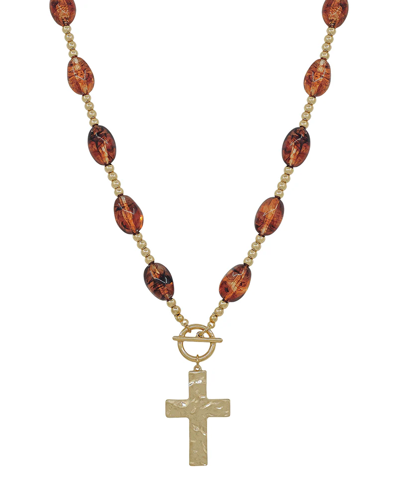 Divine Resin Bead Cross Necklace - Tortoise - Delta Swanky Girl