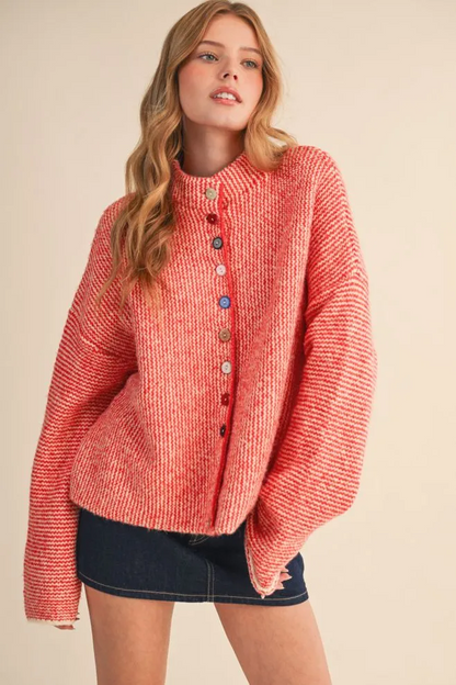 The Cherry Button Cardigan | Ivory Red Knit Cardigan