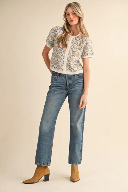 The Blue Trellis Cardigan | Ivory Blue Floral Short Sleeve Cardigan