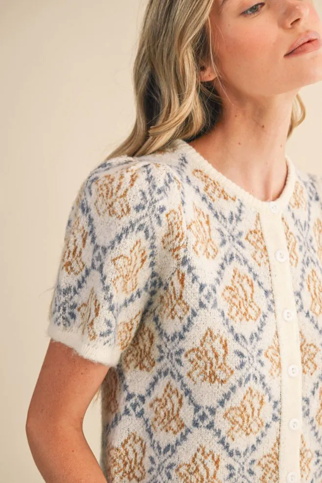The Blue Trellis Cardigan | Ivory Blue Floral Short Sleeve Cardigan