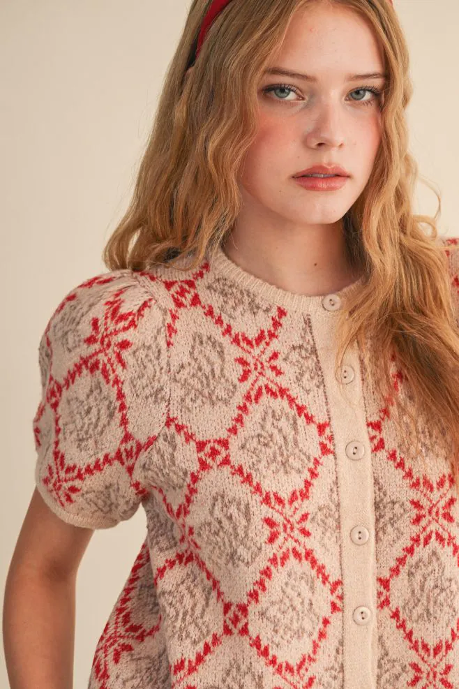 The Scarlet Trellis Cardigan | Floral Diamond Knit Puff Sleeve Sweater