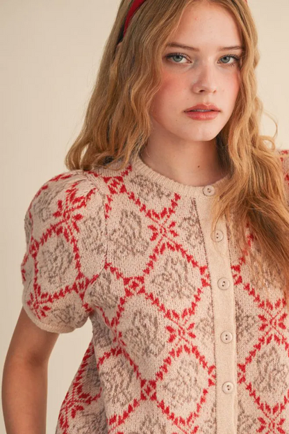 The Scarlet Trellis Cardigan | Floral Diamond Knit Puff Sleeve Sweater