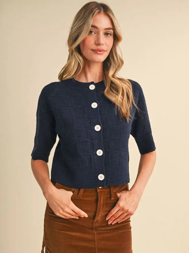 The Navy Noteworthy Cardigan | Short Sleeve Textured Button Front Sweater