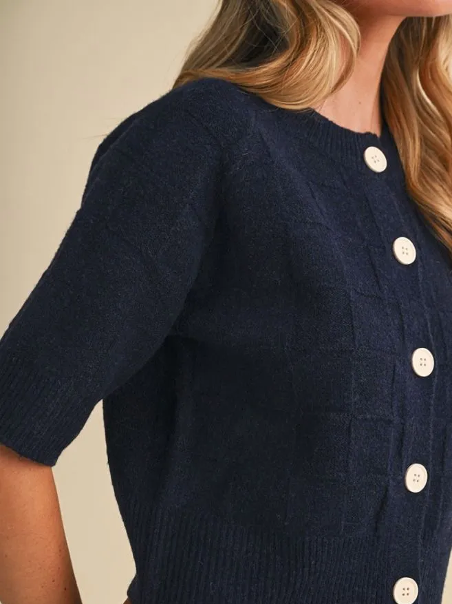 The Navy Noteworthy Cardigan | Short Sleeve Textured Button Front Sweater