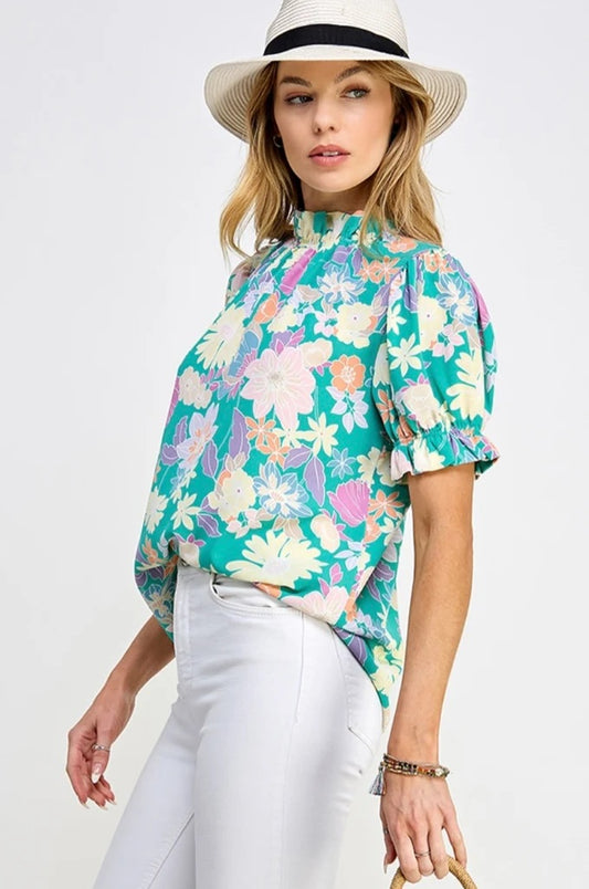 Forever Young Floral Mock Neck Top (Mint)