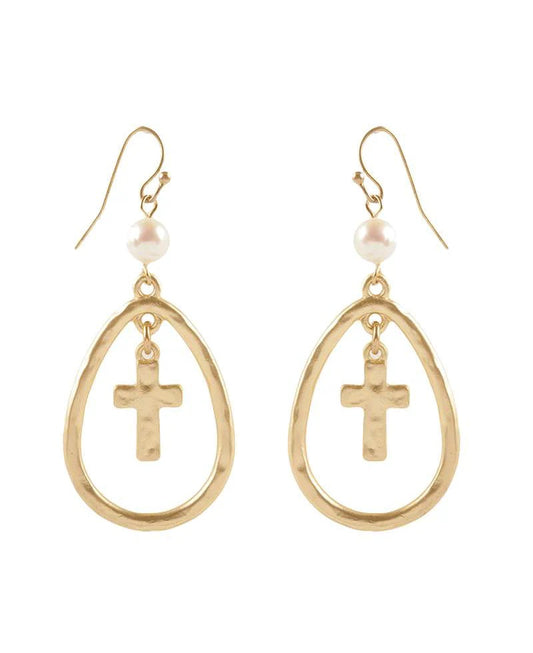 Cross Nested Pearl Drop Earrings (Gold)