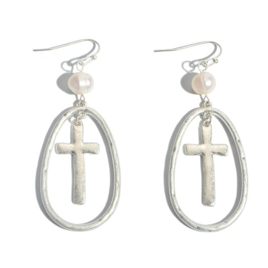 Cross Nested Pearl Drop Earrings (Silver)