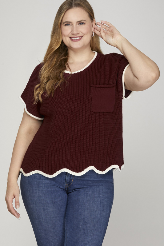 Curvy Game Changer Scallop Sweater - Garnet