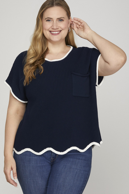 Curvy Game Changer Scallop Sweater - Navy