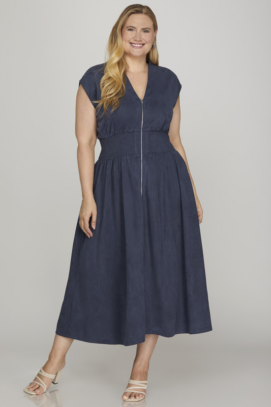 Curvy Belle Zip Front Suede Midi Dress - Denim Blue
