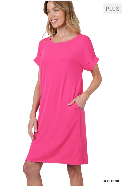 Curvy Last Dance Rolled Sleeve Dress (Hot Pink)